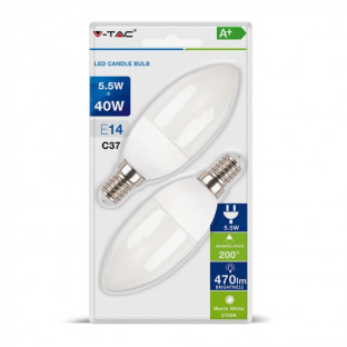 LED Крушка - E14, 5.5W, Пламък, 2 броя комплект, Топло бяла светлина