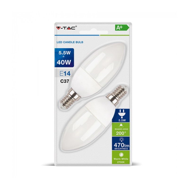 LED Bulb - E14, 5.5W, Candle, 2 pieces set, Warm White Light