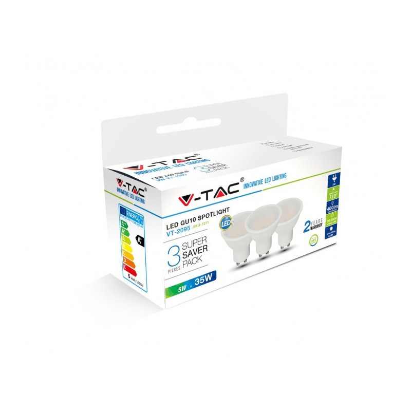 LED Spotlight SMD - 5W, GU10, Plastic, Warm white light, 3pcs pack
