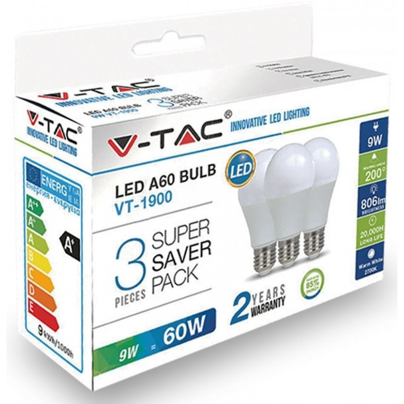 LED Крушка - E27, 9W, A60, Термоластик, комплект 3 броя, Топло бяла светлина