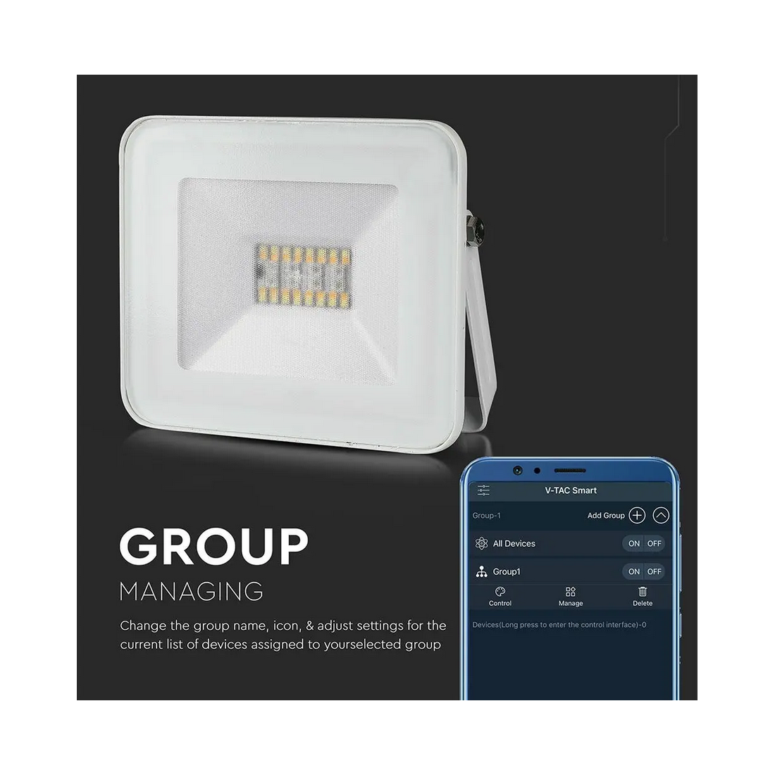 V-TAC Smart Home VT-5182 projecteur LED 20W RGB+3000K+6500K dimmable  gestion smartphone alexa google- sku 3025