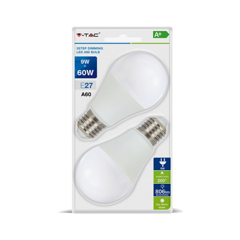 LED Bulb - E27, 9W, A60, 3 Step Dimming, Blister (2 pcs), Daylight